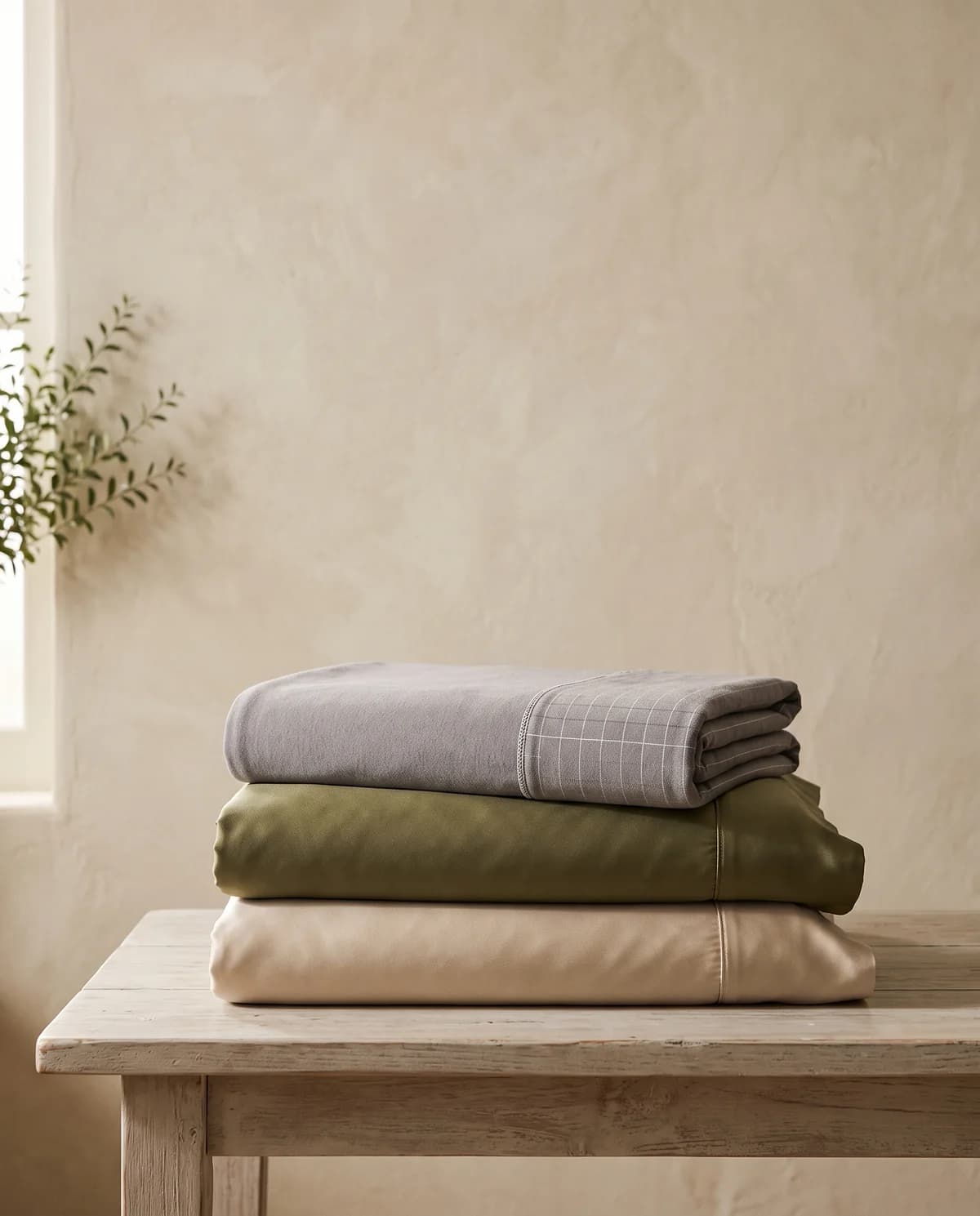 A folded grey grounding sheet with olive and natural silk stacked on a timber table